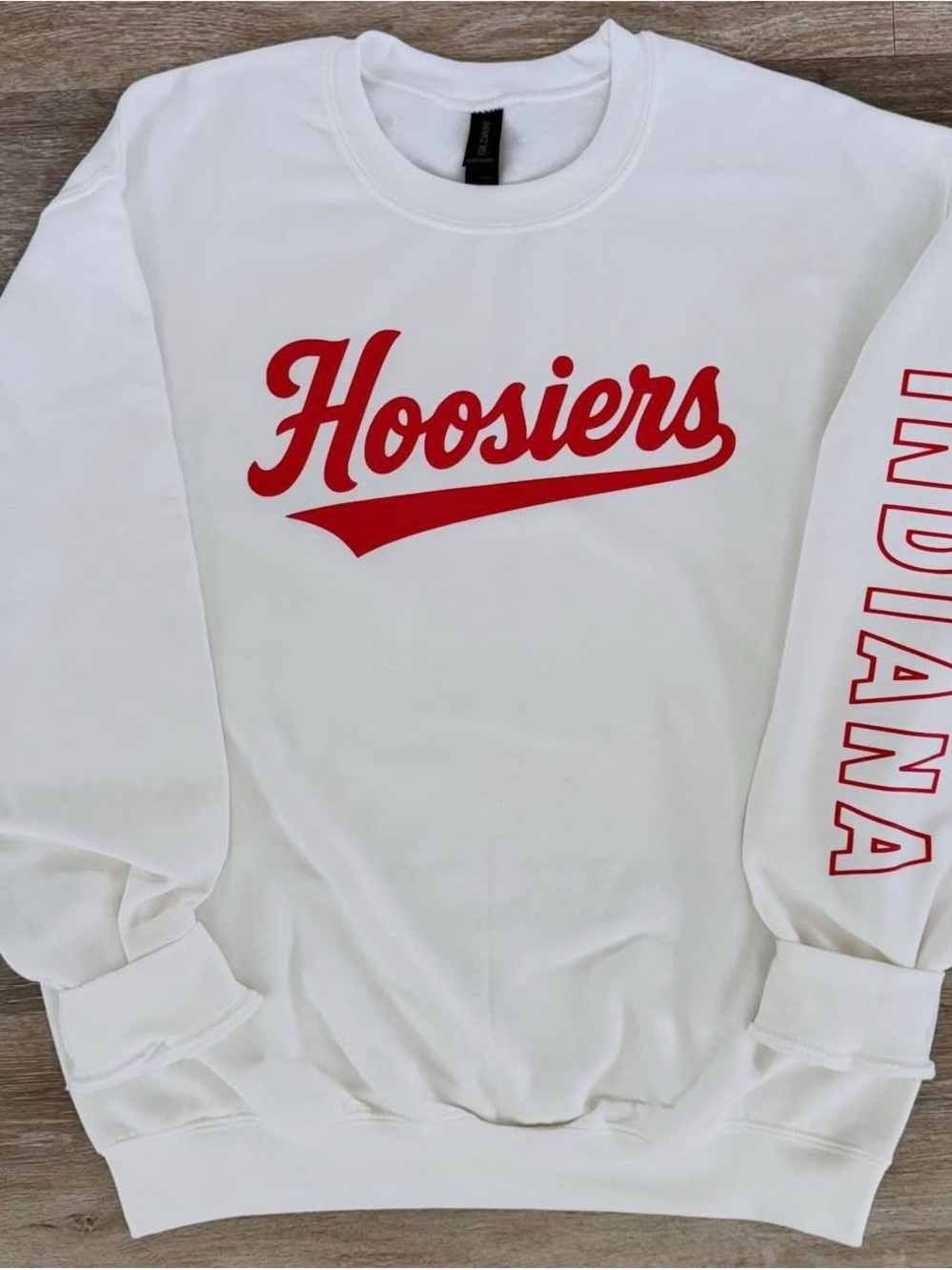 Gildan White Crewneck Sweatshirt with Red Hoosiers Script